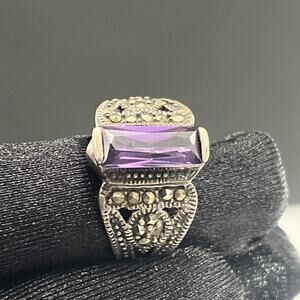 Vintage WS Sterling Silver 925 Marcasite Purple Amethyst Cocktail Ring Size 7,75